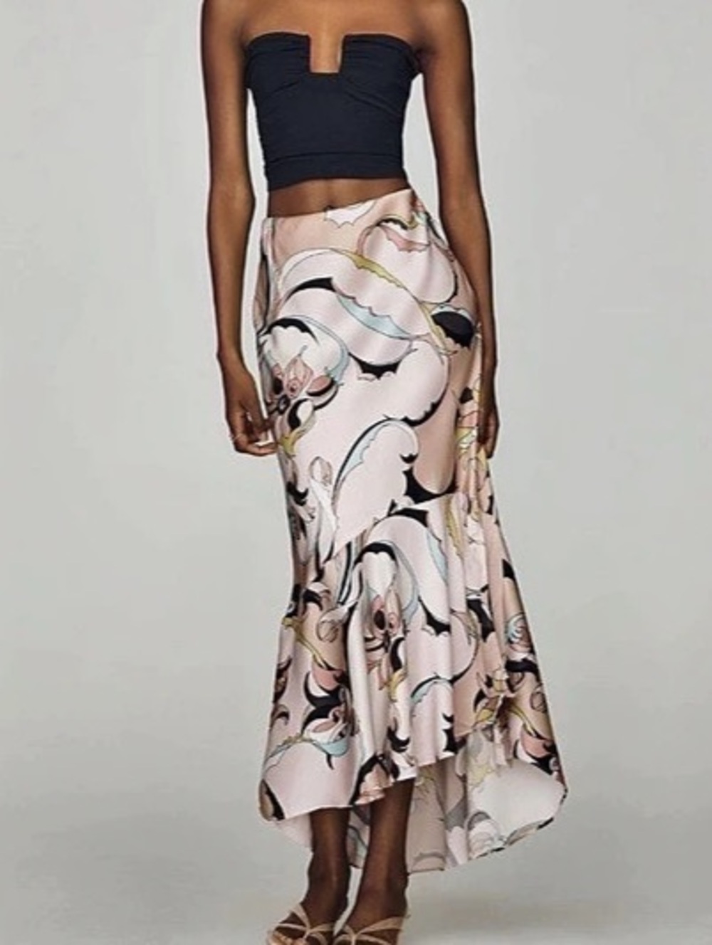 Maeve Bias Cut Satin Midi Skirt in Pink & Black